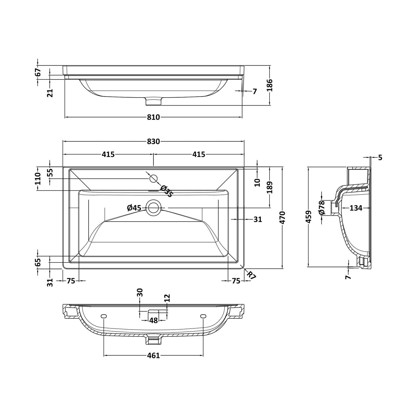 [BCBM505] 800 Classic Basin (840x472x185) 1TH - Technical Drawing