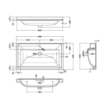 [BCBM505] 800 Classic Basin (840x472x185) 1TH - Technical Drawing