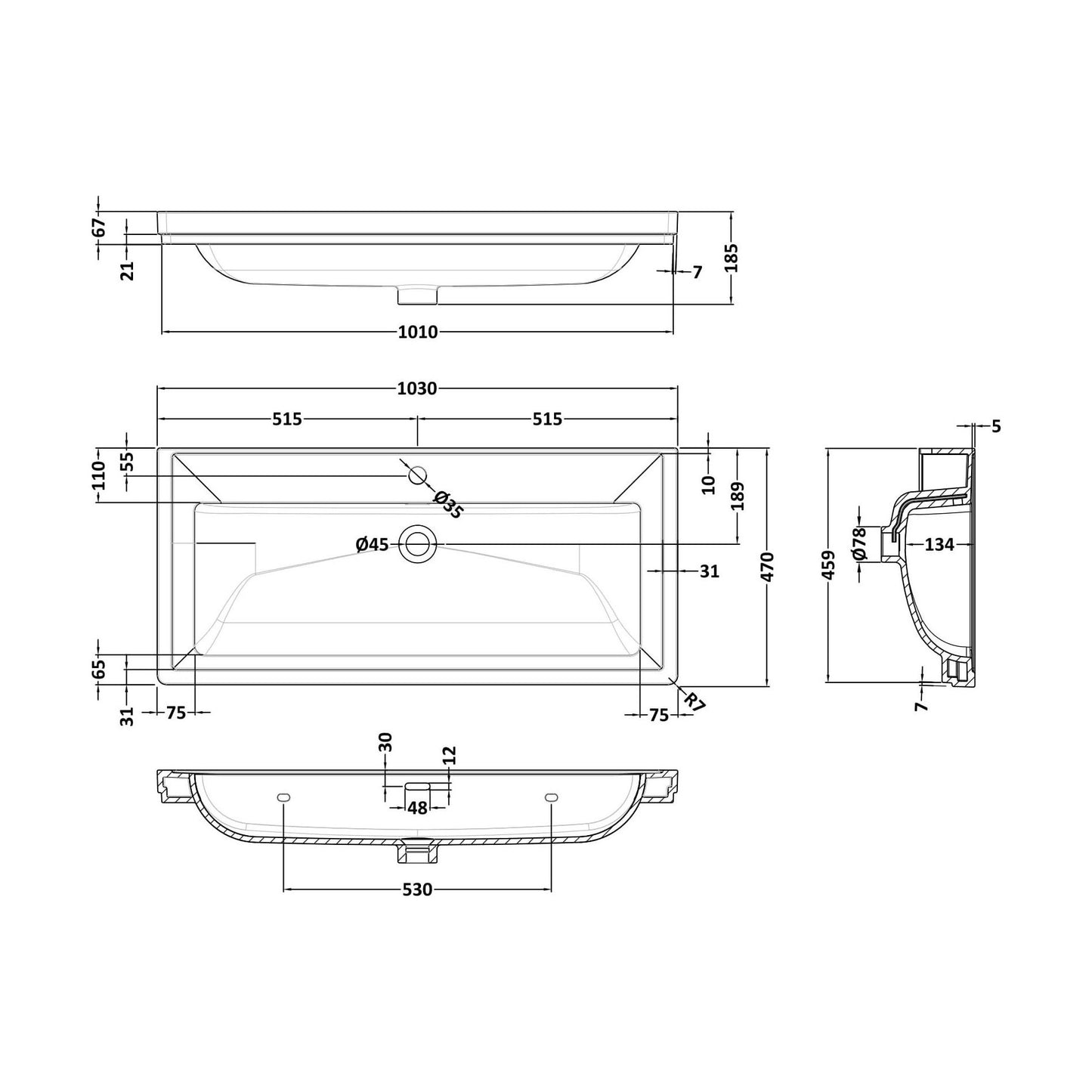 [BCBM507] 1000 Classique Basin 1TH - Technical Drawing