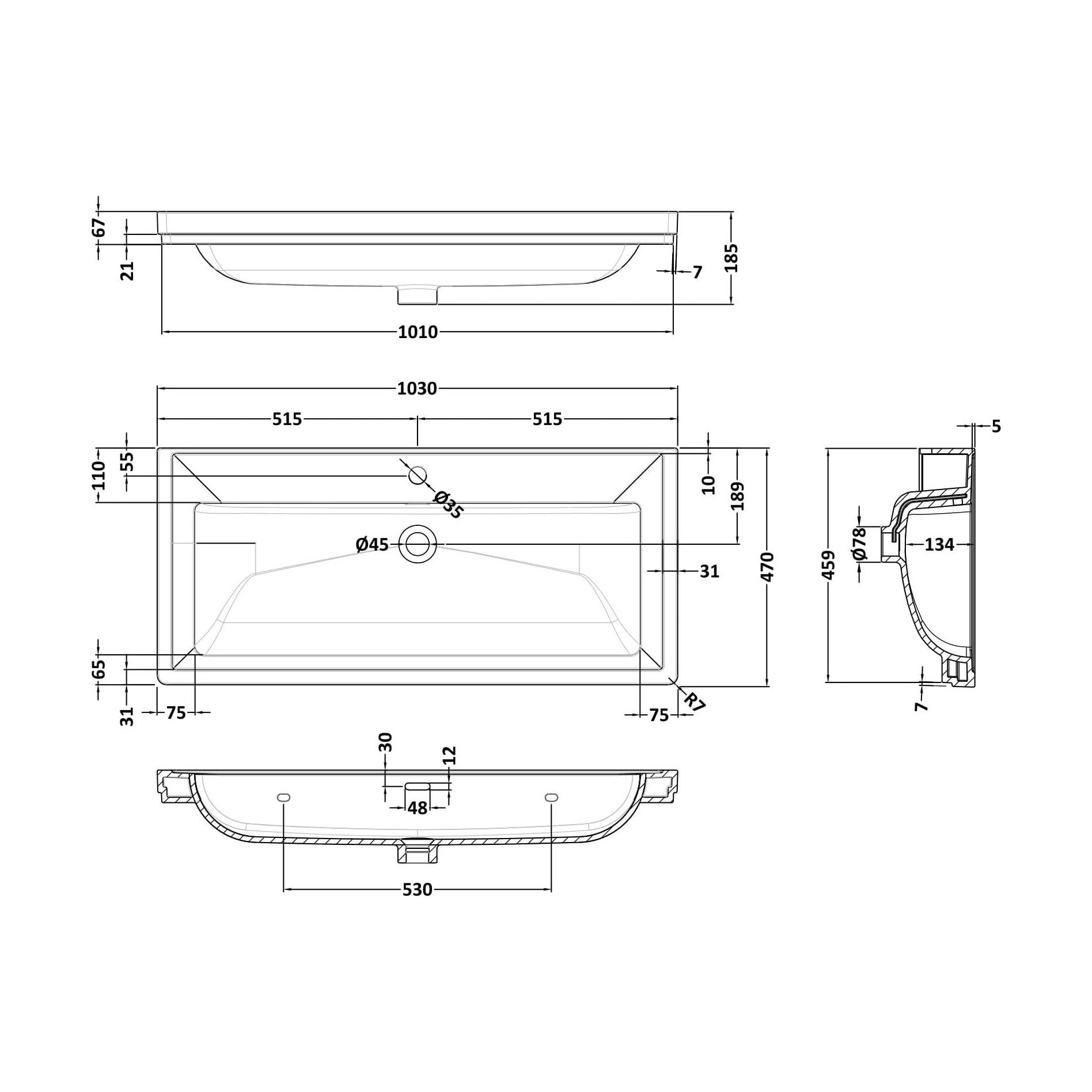 [BCBM507] 1000 Classique Basin 1TH - Technical Drawing