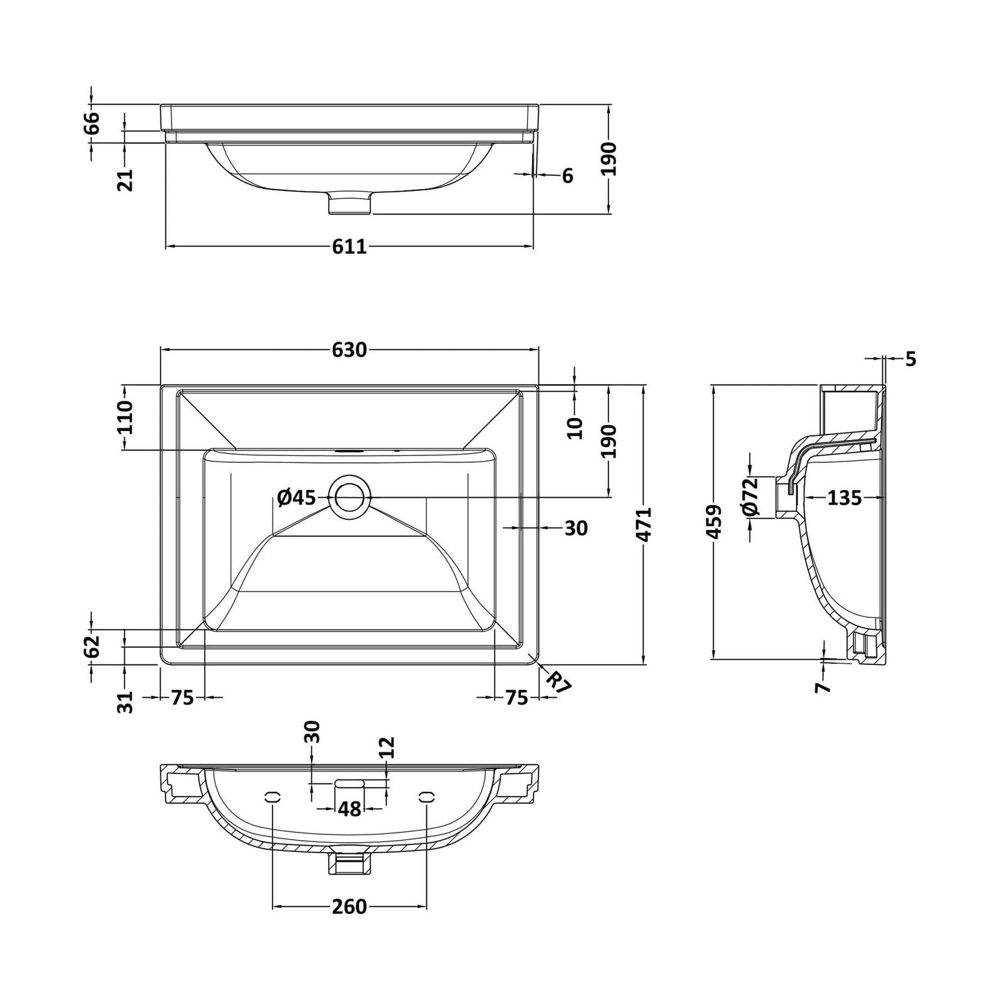 [BCBM513] 600 Classic Basin (640x472x185) 0TH - Technical Drawing