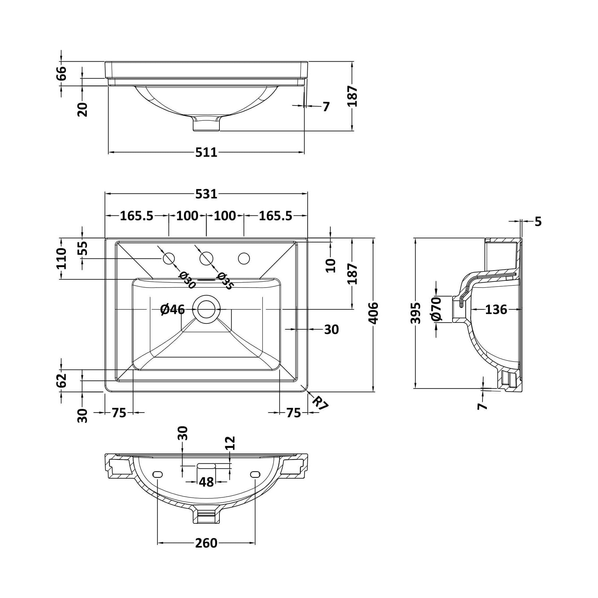 [BCBM532] 500 Classic Basin (540x410x185) 3TH - Technical Drawing