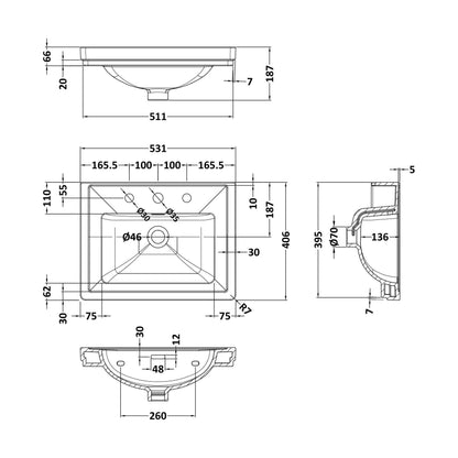 [BCBM532] 500 Classic Basin (540x410x185) 3TH - Technical Drawing