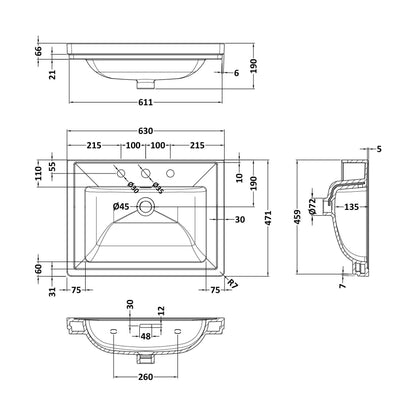 [BCBM533] 600 Classic Basin (640x472x185) 3TH - Technical Drawing