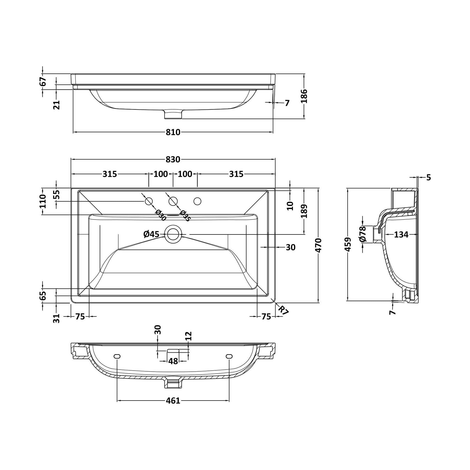 [BCBM535] 800 Classic Basin (840x472x185) 3TH - Technical Drawing