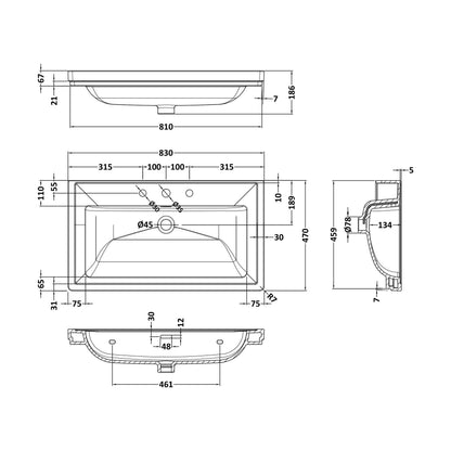 [BCBM535] 800 Classic Basin (840x472x185) 3TH - Technical Drawing