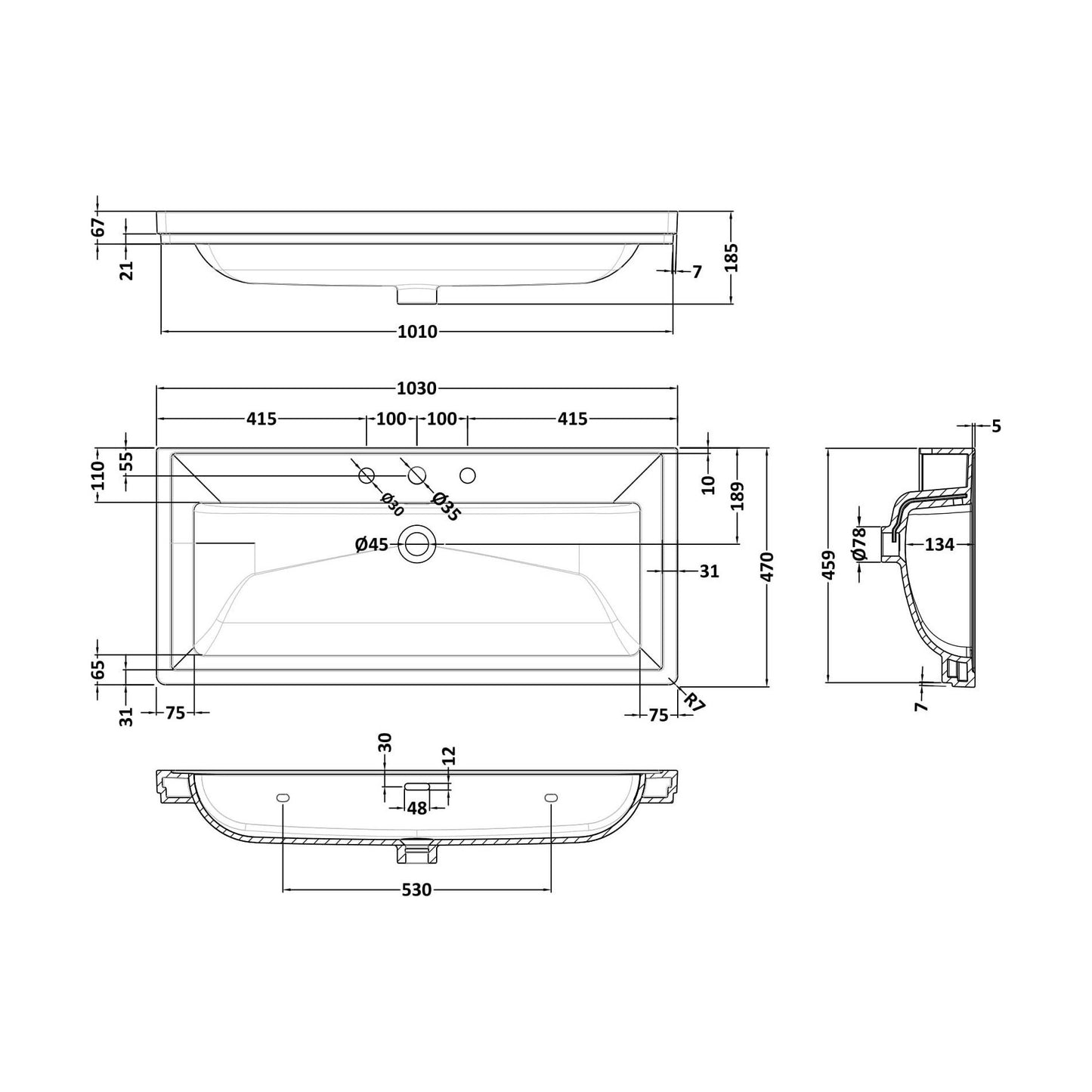 [BCBM537] 1000 Classique Basin 3TH - Technical Drawing