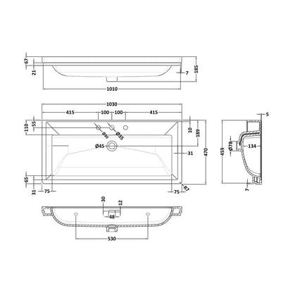 [BCBM537] 1000 Classique Basin 3TH - Technical Drawing