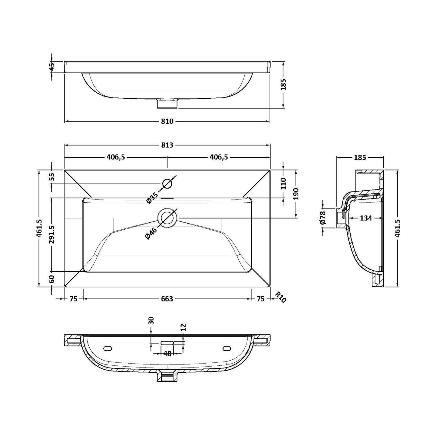 [BCBM605] 800 x 460 Contemporay Basin 1TH - Technical Drawing