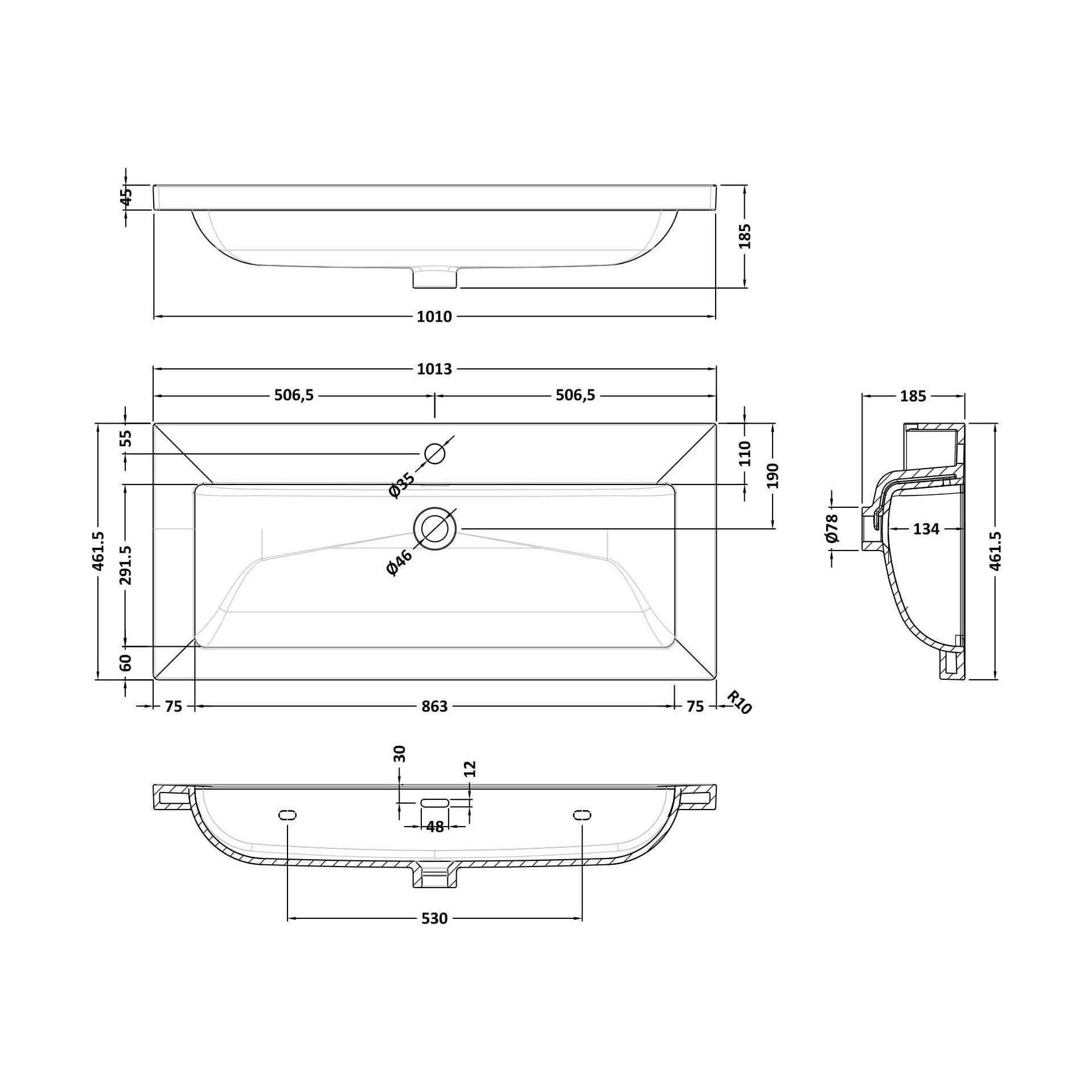 [BCBM607] 1000 x 460 Contemporary Basin 1TH - Technical Drawing