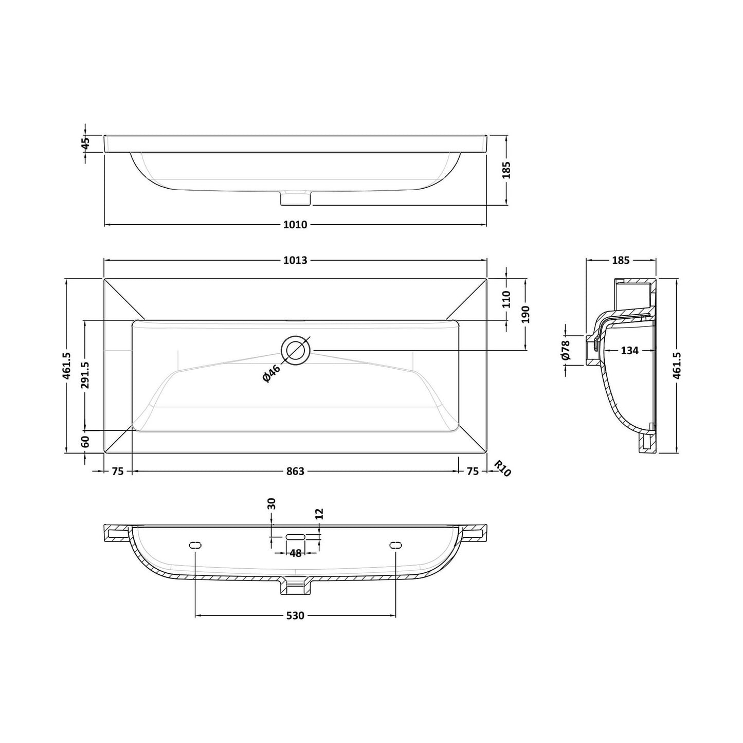 [BCBM617] 1000 x 460 Contemporary Basin 0TH - Technical Drawing