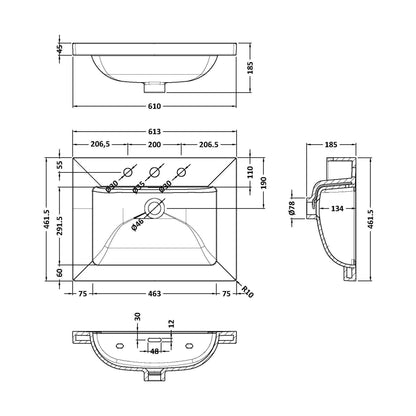 [BCBM633] 600 x 460 Contemporay Basin 3TH - Technical Drawing