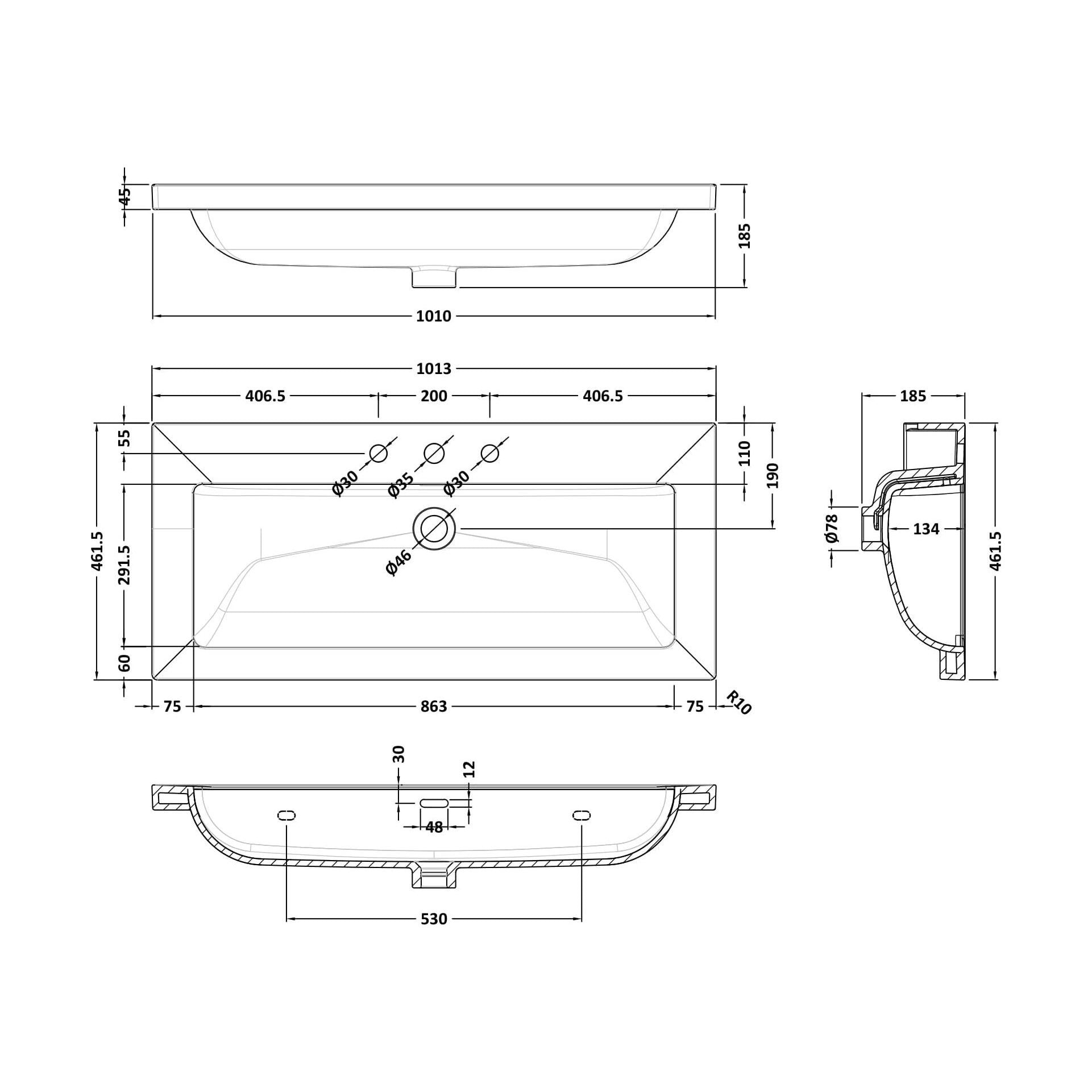 [BCBM637] 1000 x 460 Contemporary Basin 3TH - Technical Drawing