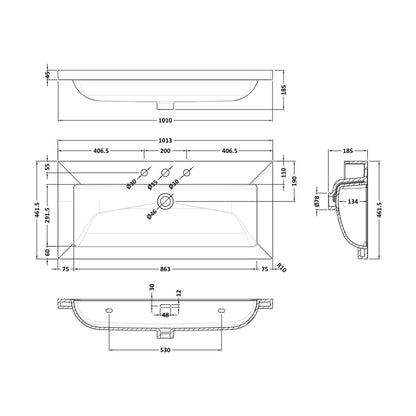 [BCBM637] 1000 x 460 Contemporary Basin 3TH - Technical Drawing