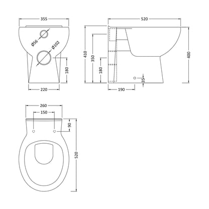 [BCBW002P] Contemporary Back to Wall Toilet Pan, White Ceramic Modern Bathroom WC, Compact Design, 410mm x 355mm by Balterley - Technical Drawing