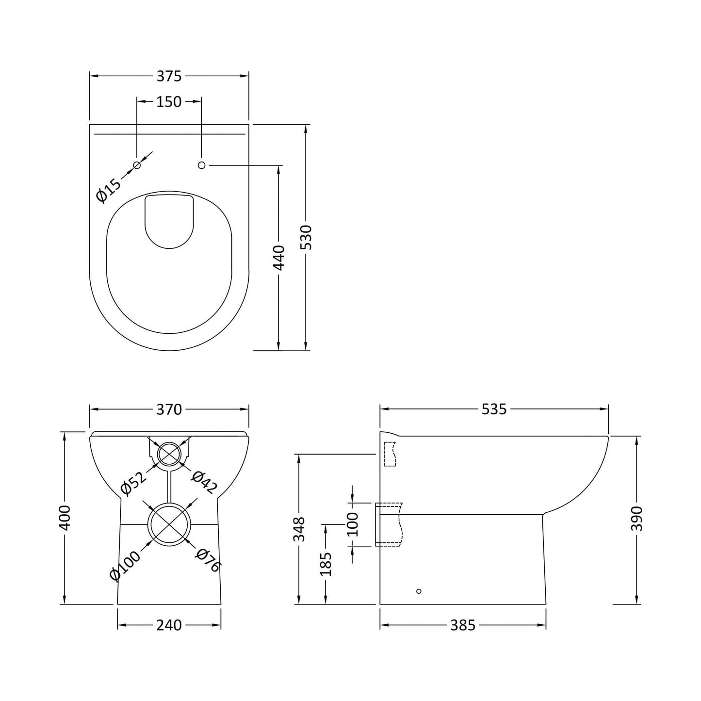 [BCBW005P] D-Shape Back To Wall Toilet Pan   - 400mm x 375mm x 535mm - Technical Drawing