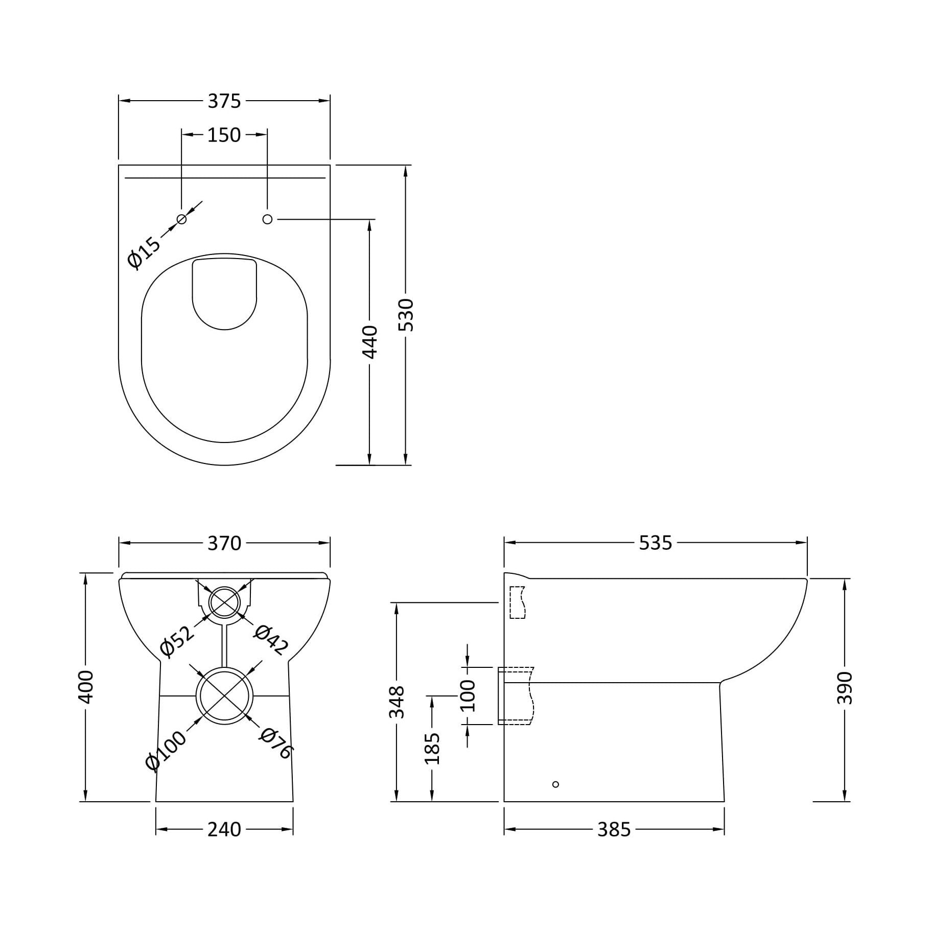 [BCBW005P] D-Shape Back To Wall Toilet Pan   - 400mm x 375mm x 535mm - Technical Drawing