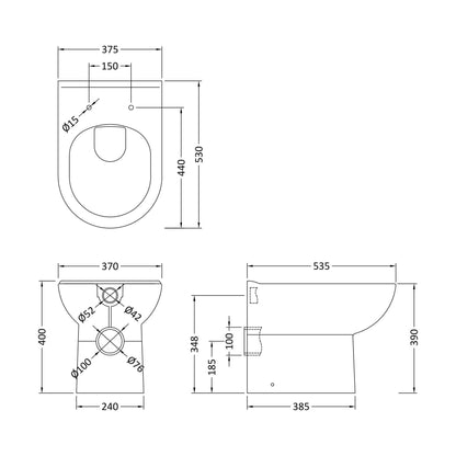 [BCBW005P] D-Shape Back To Wall Toilet Pan   - 400mm x 375mm x 535mm - Technical Drawing