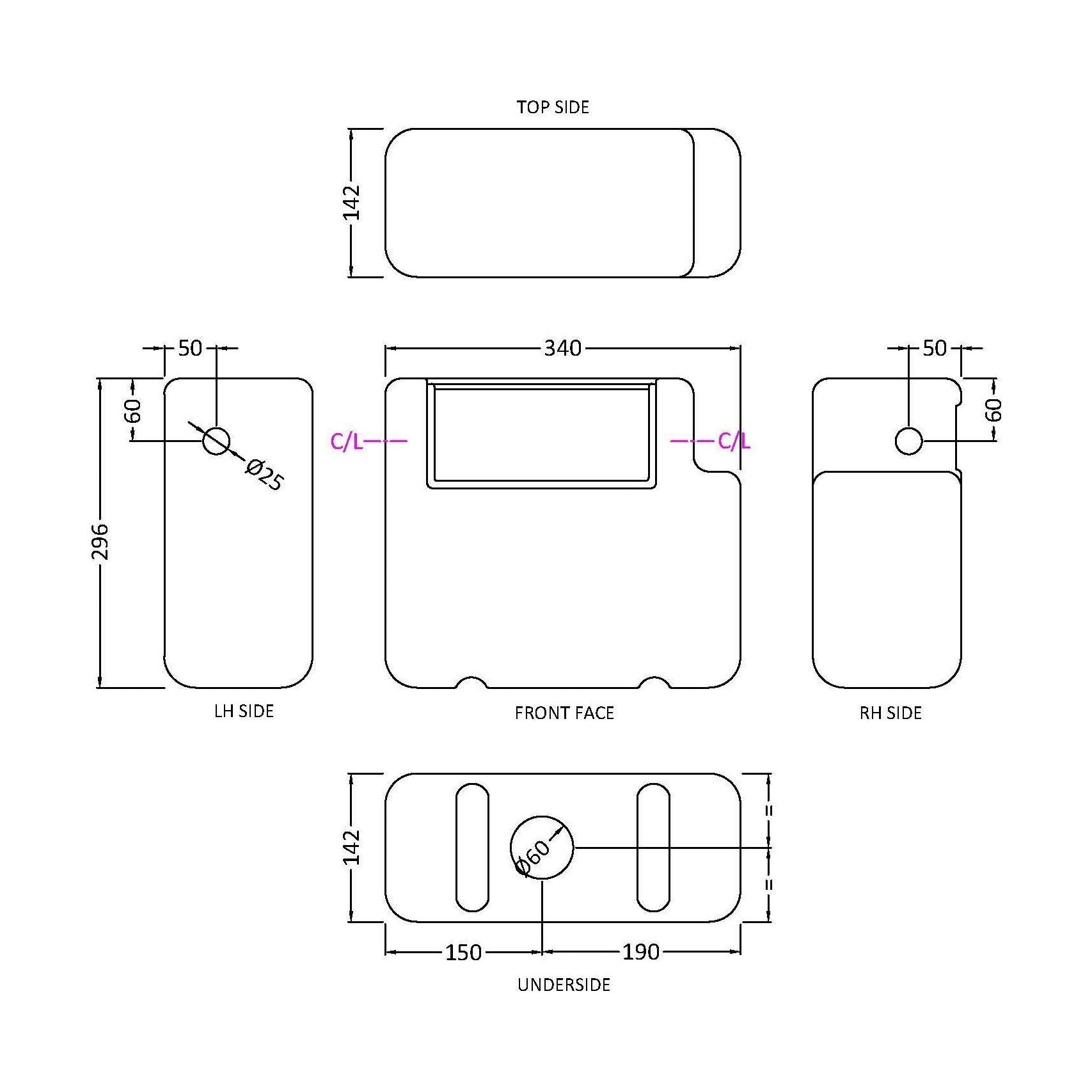 [BCC008] Balterley Modern Universal Water Saving Dual Flush Side Inlet with Round Push Button - Chrome/White - Technical Drawing