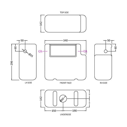 [BCC008] Balterley Modern Universal Water Saving Dual Flush Side Inlet with Round Push Button - Chrome/White - Technical Drawing