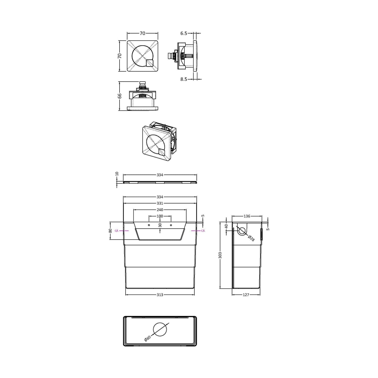 [BCC6M02] Universal Water Saving Dual Flush Side Inlet & Square Dual Flush Button - Choice of Finish - Technical Drawing