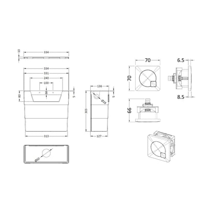 [BCC6M04] Universal Water Saving Dual Flush Side Inlet & Square Dual Flush Button - Choice of Finish - Technical Drawing