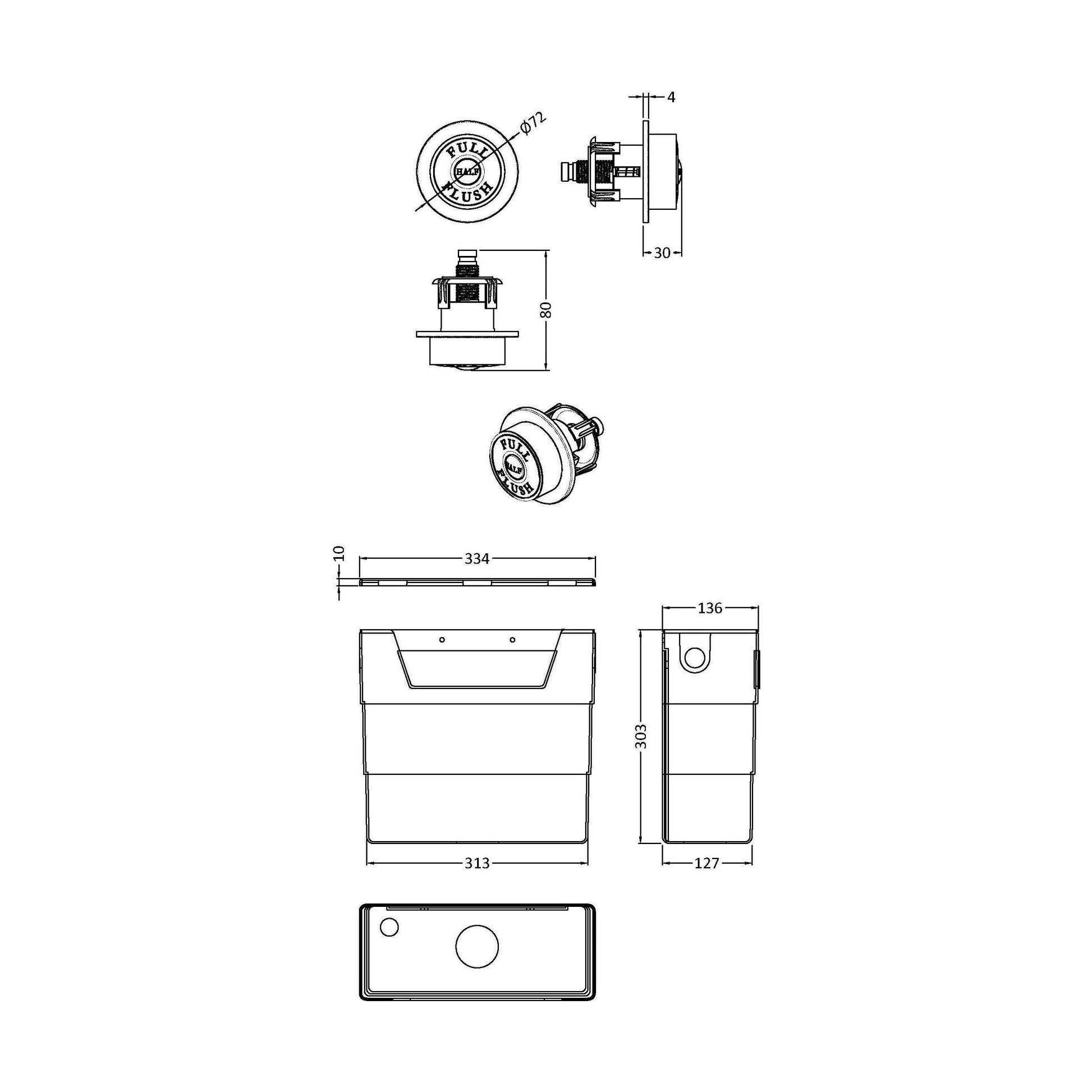 [BCC6T03] Balterley Universal Water Saving Dual Flush Side Inlet with Traditional Push Button - Brushed Brass/Black - Technical Drawing