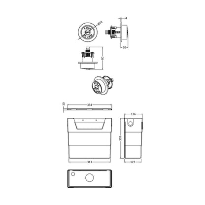 [BCC6T03] Balterley Universal Water Saving Dual Flush Side Inlet with Traditional Push Button - Brushed Brass/Black - Technical Drawing