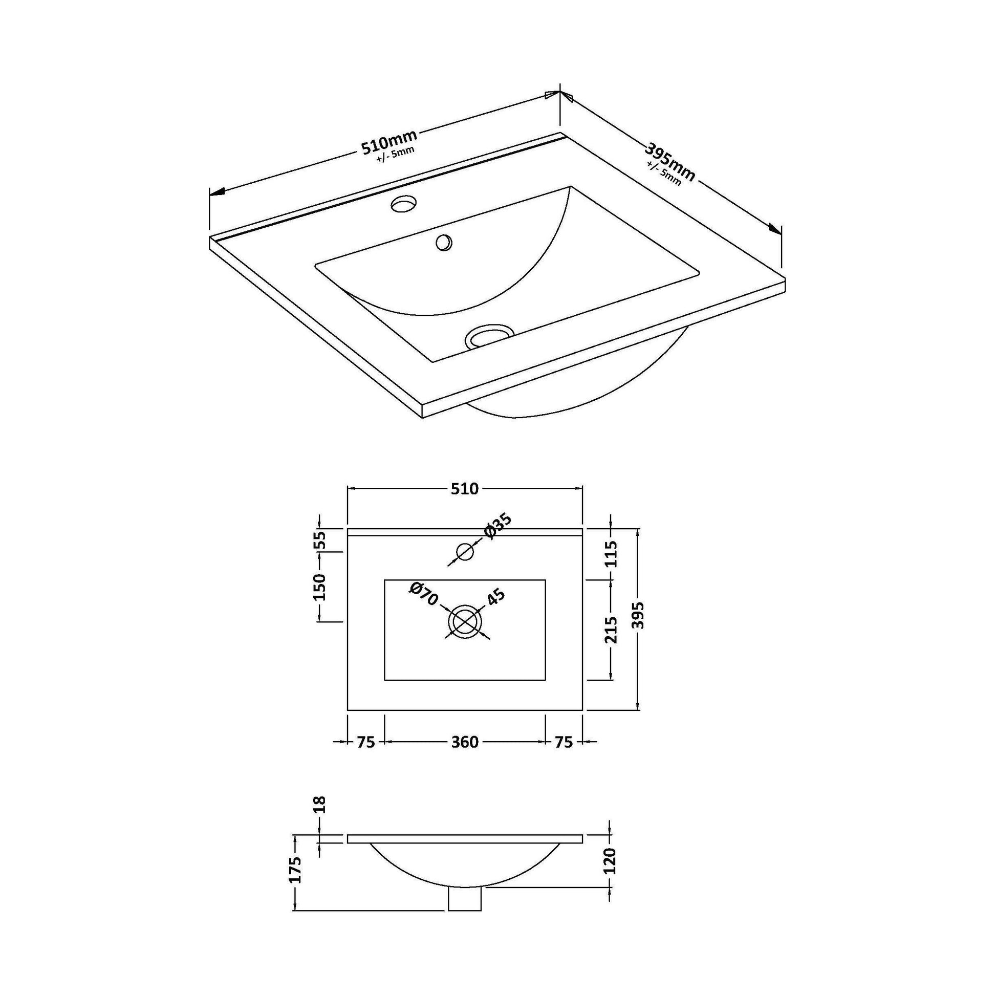 [BCCB001] 500mm Minimalist basin 1TH - Technical Drawing
