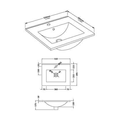 [BCCB001] 500mm Minimalist basin 1TH - Technical Drawing