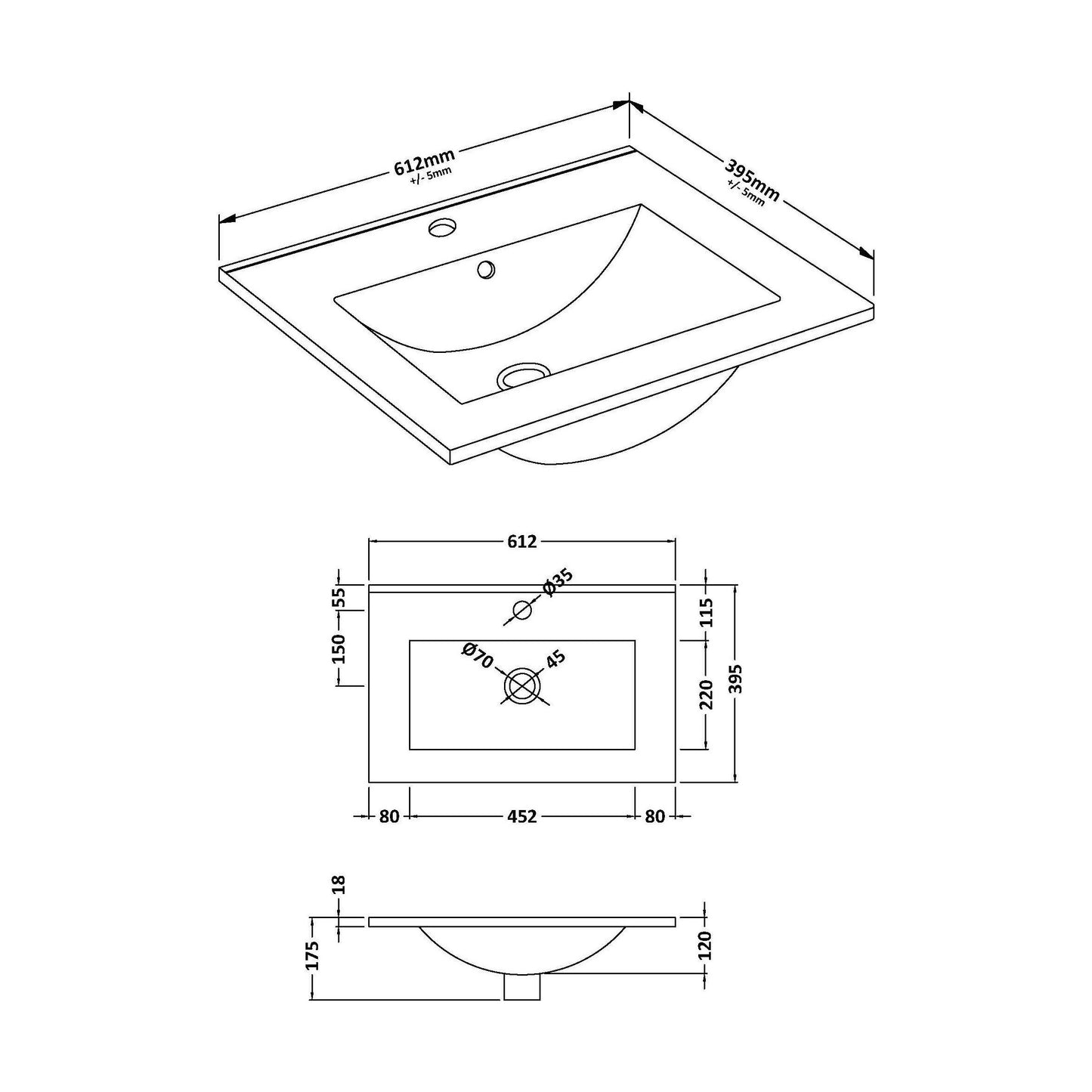 [BCCB003] Minimalist Basin 600mm - Technical Drawing