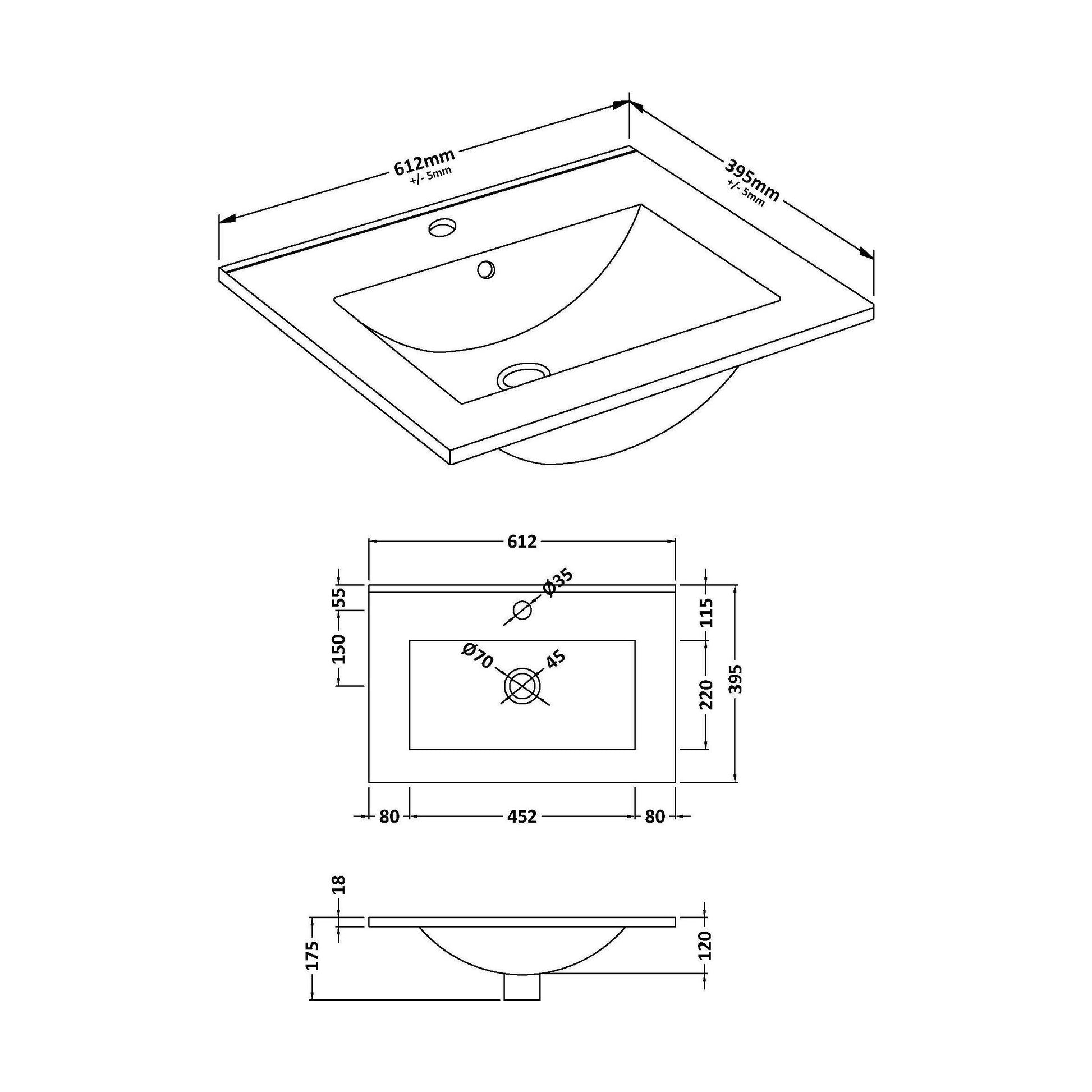 [BCCB003] Minimalist Basin 600mm - Technical Drawing