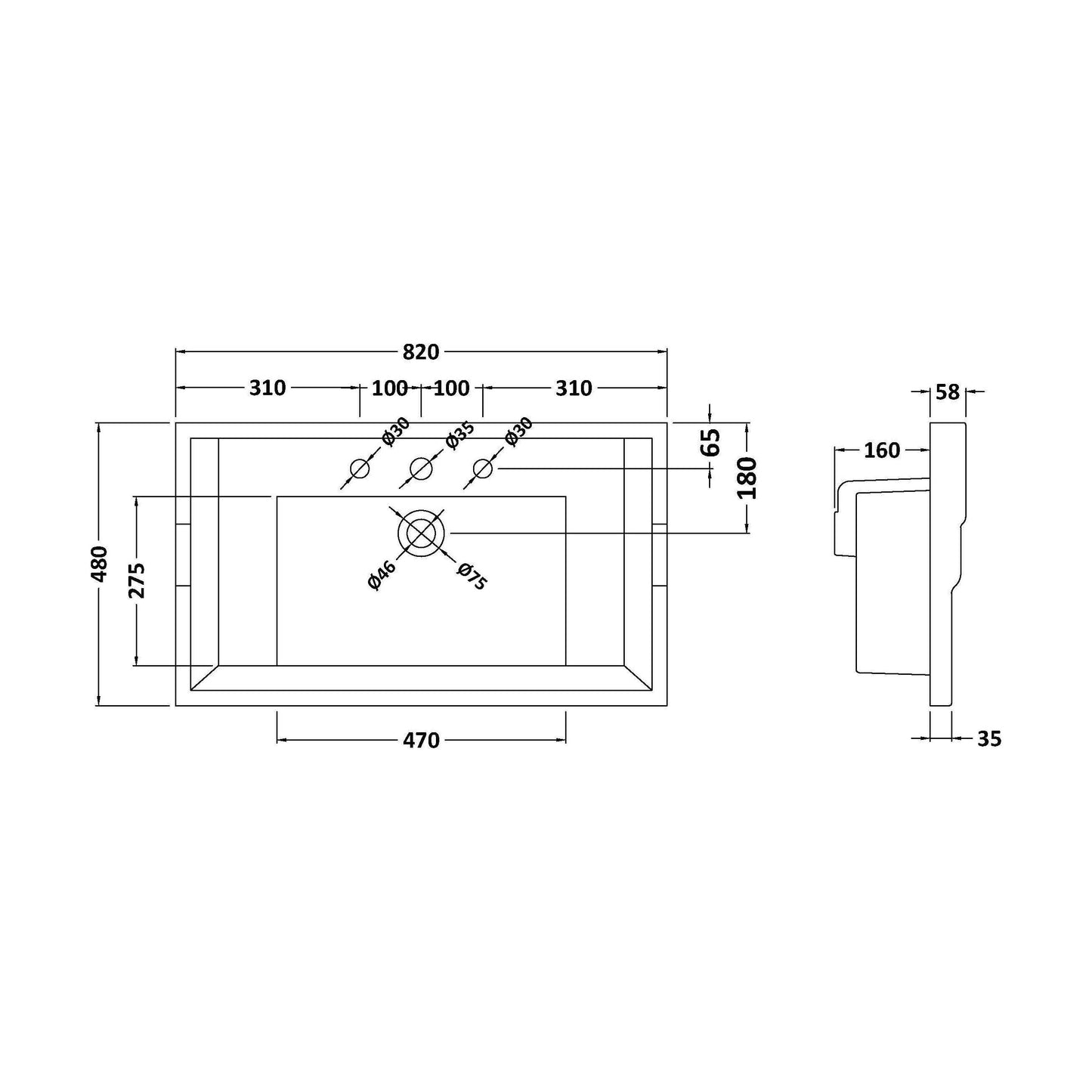 [BCCB035] 800mm Traditional Basin 3TH - Technical Drawing