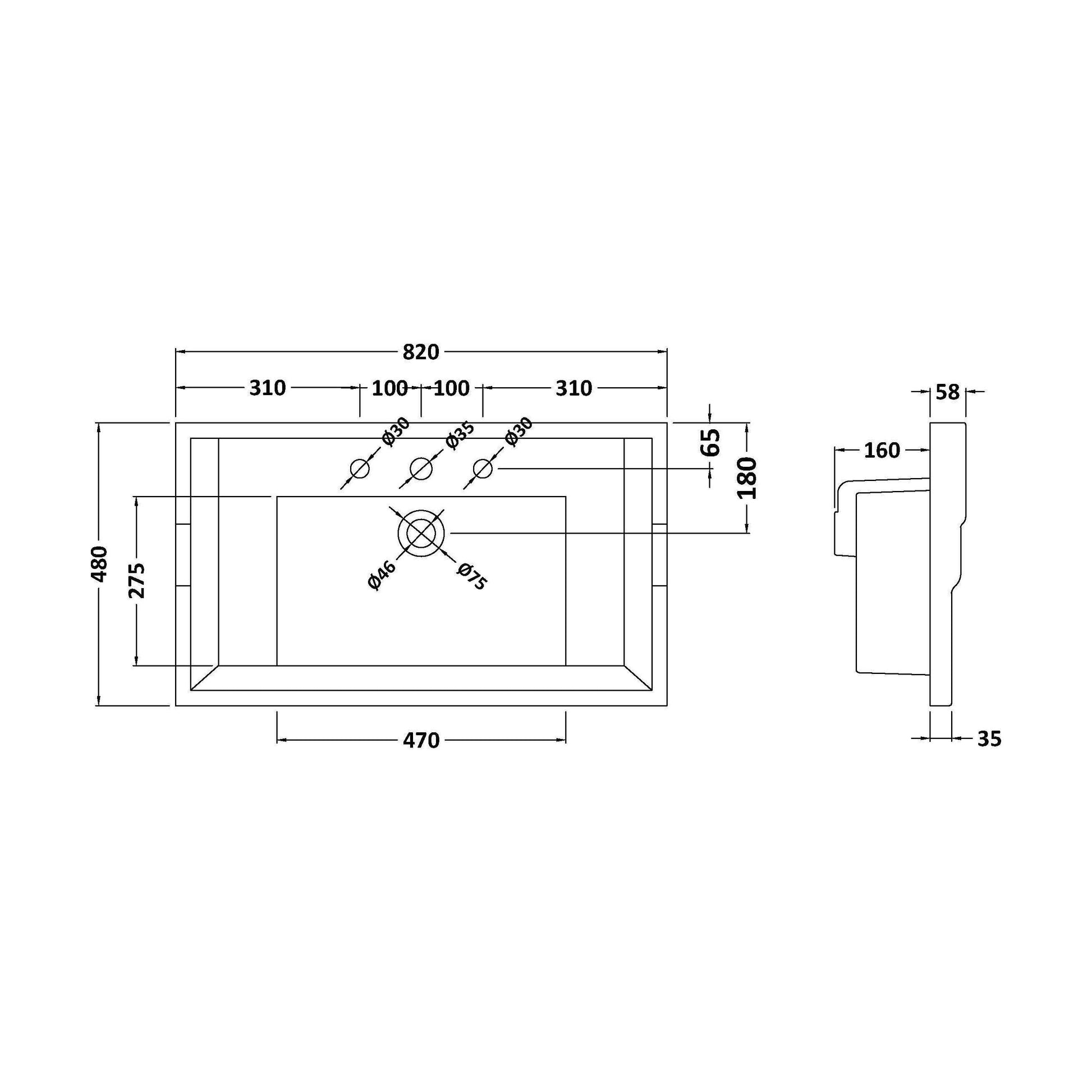 [BCCB035] 800mm Traditional Basin 3TH - Technical Drawing