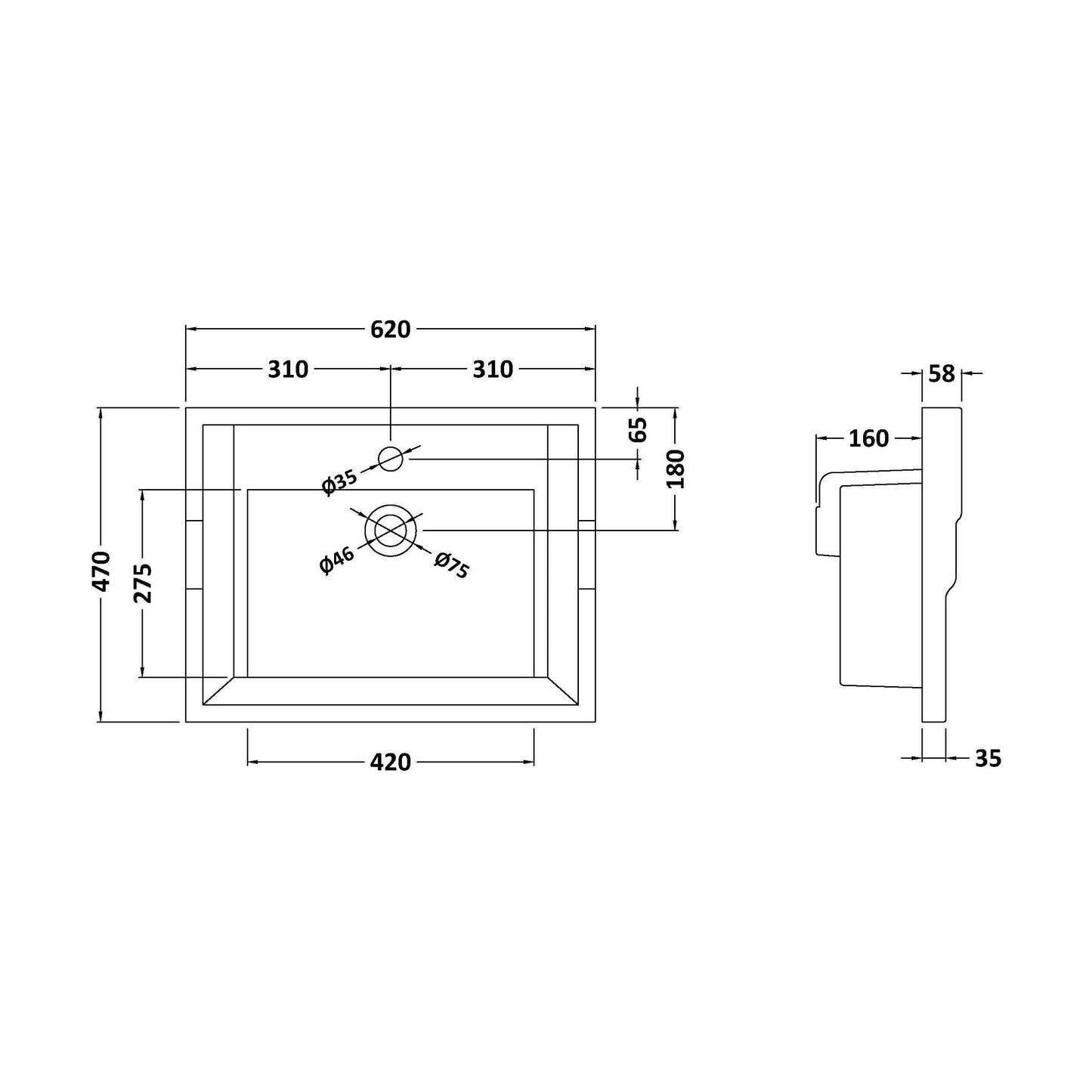 [BCCBV003] 600mm Traditional Basin 1TH - Technical Drawing