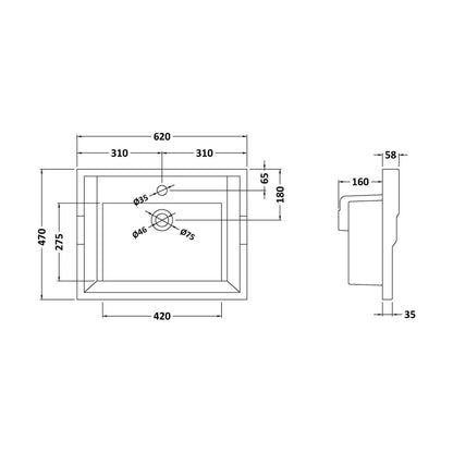 [BCCBV003] 600mm Traditional Basin 1TH - Technical Drawing