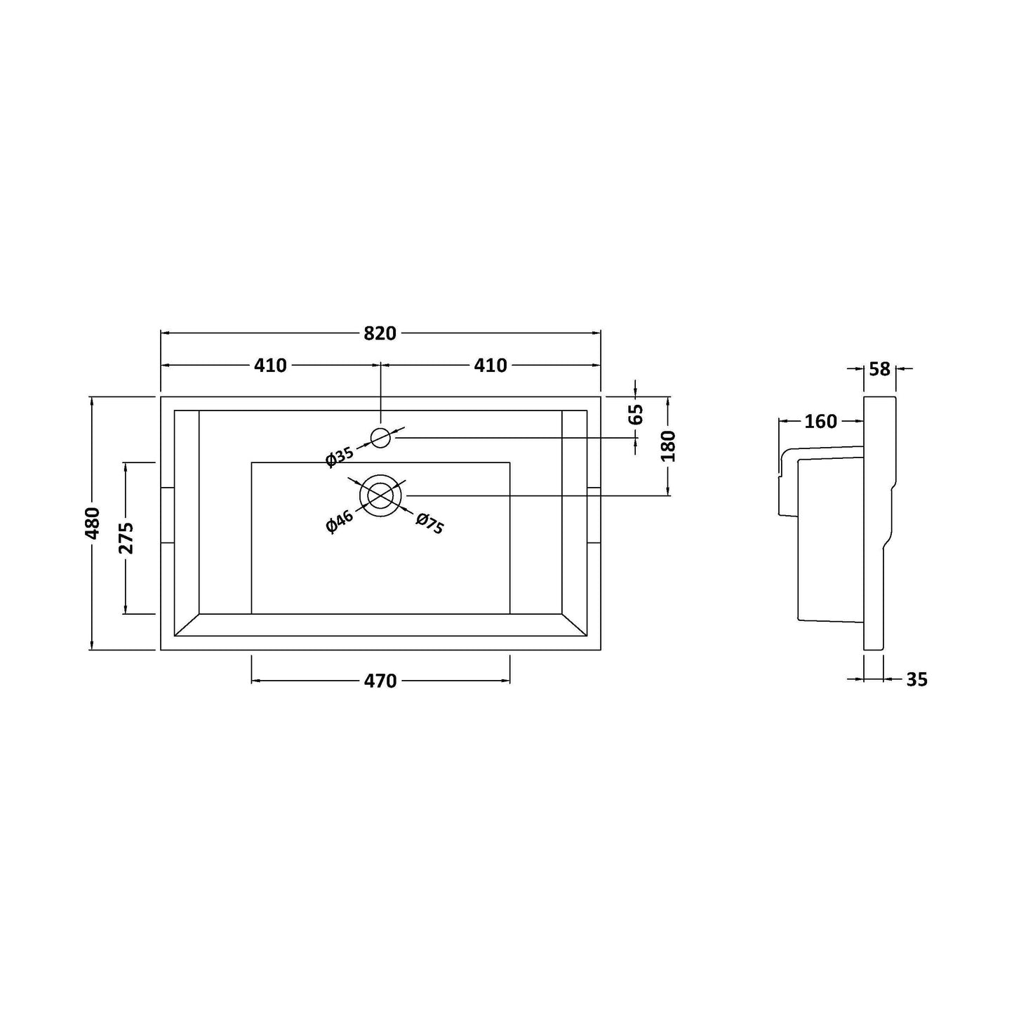 [BCCBV005] 800mm Traditional Basin 1 TH - Technical Drawing