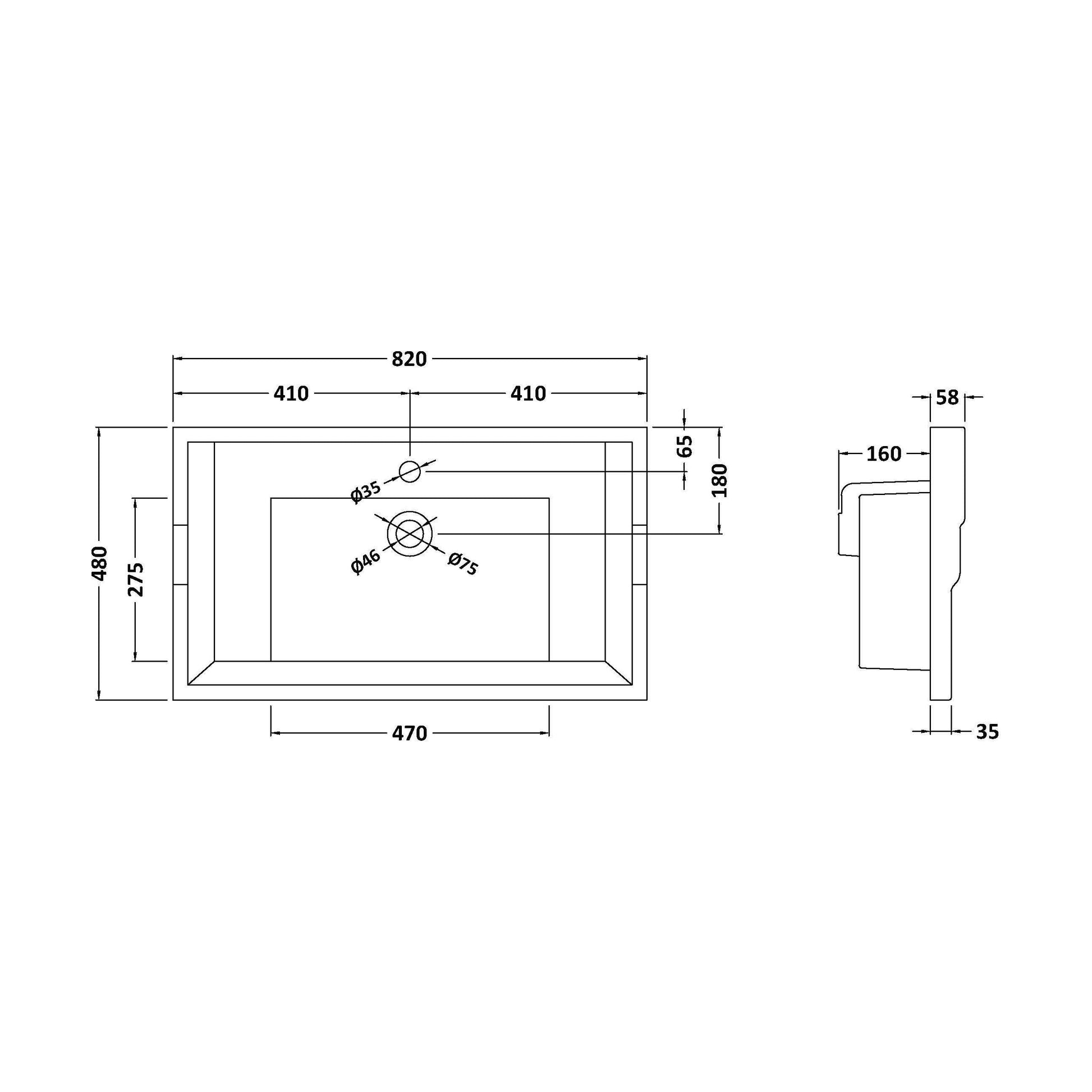 [BCCBV005] 800mm Traditional Basin 1 TH - Technical Drawing
