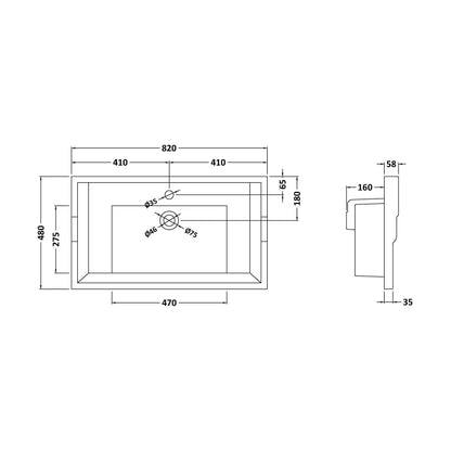 [BCCBV005] 800mm Traditional Basin 1 TH - Technical Drawing