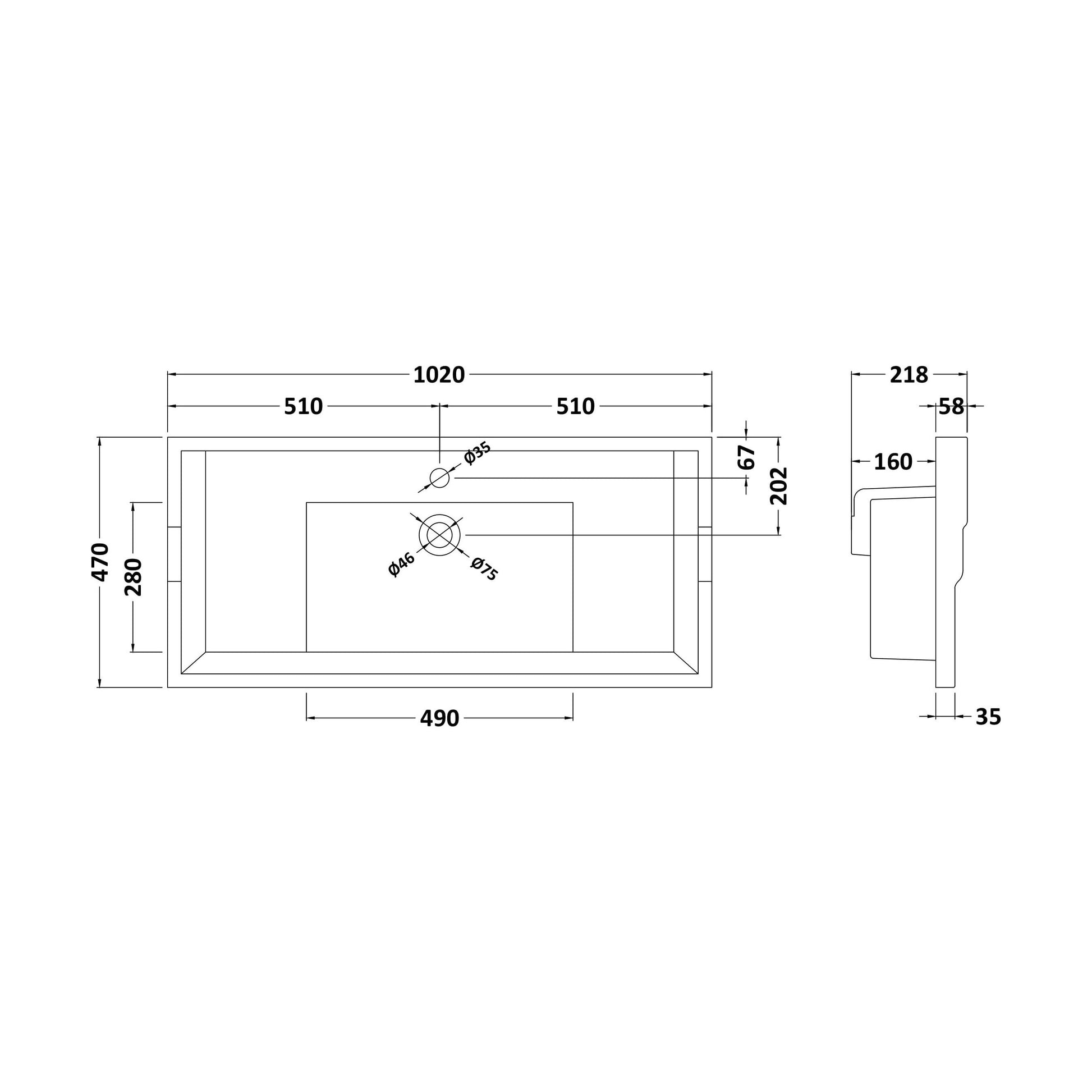 [BCCBV007] 1000mm Traditional Basin 1TH - Technical Drawing