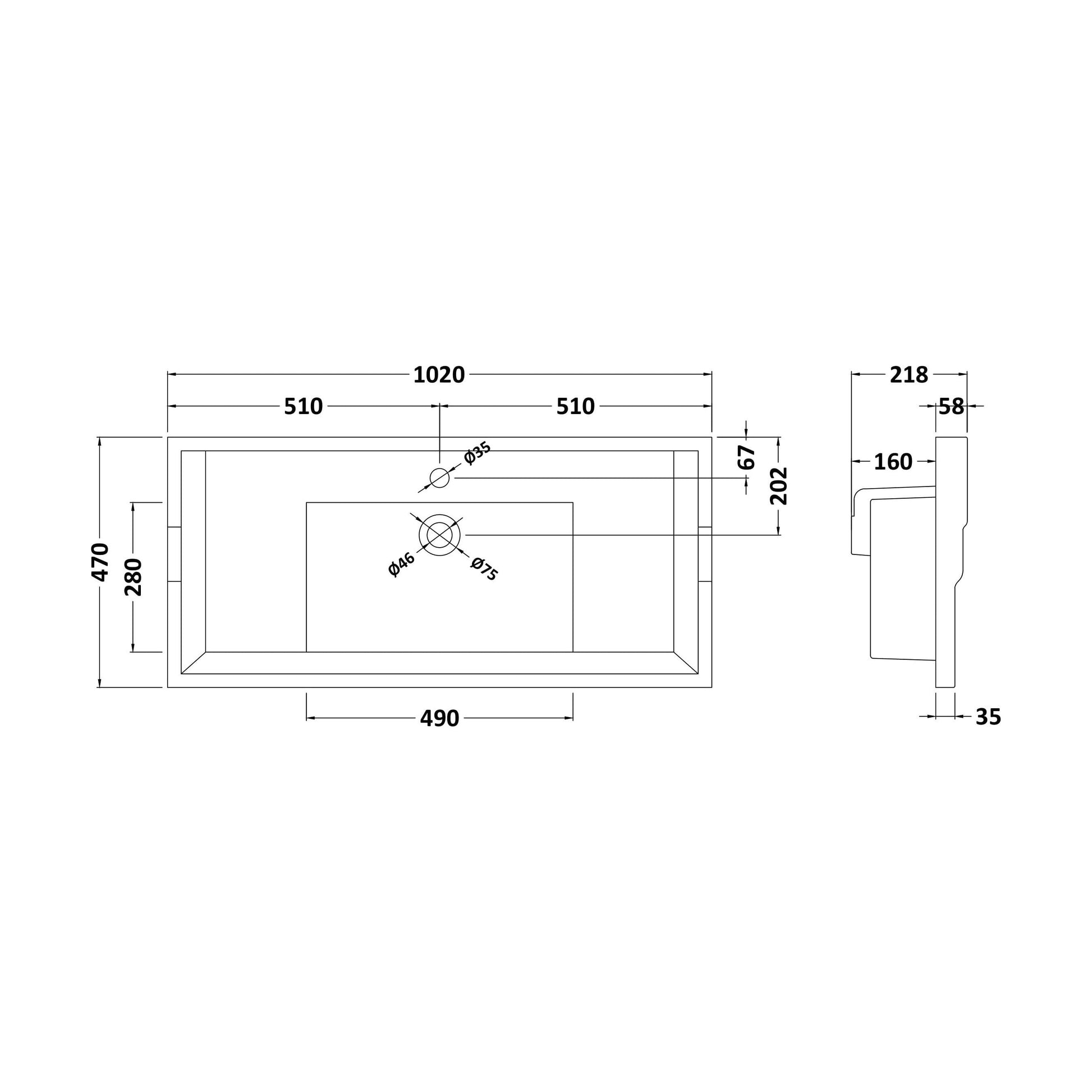 [BCCBV007] 1000mm Traditional Basin 1TH - Technical Drawing