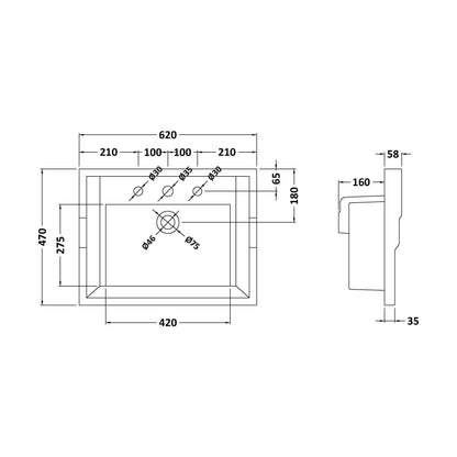 [BCCBV033] 600mm Traditional Basin 3TH - Technical Drawing