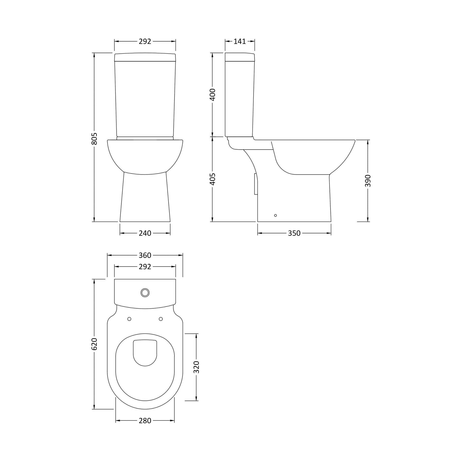 [BCCP003] Modern Bathroom Design Toilet Pan with Cistern and Fittings , 745 x 360 x 620mm, White - Technical Drawing