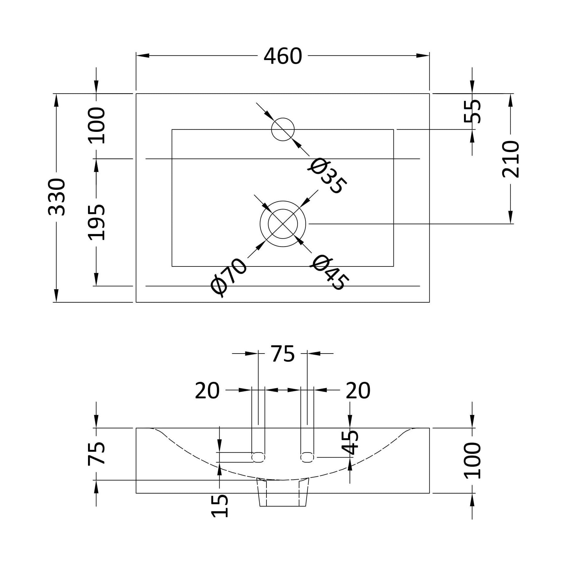[BCCT002] Balterley Modern Bathroom Rectangular Vessel Basin for Countertop Use, White Vitreous China, Contemporary Design, 460 mm - Technical Drawing