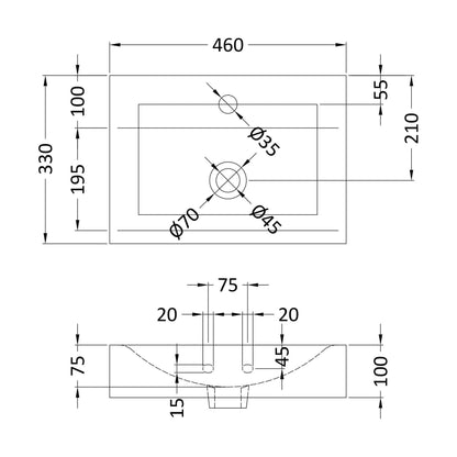 [BCCT002] Balterley Modern Bathroom Rectangular Vessel Basin for Countertop Use, White Vitreous China, Contemporary Design, 460 mm - Technical Drawing