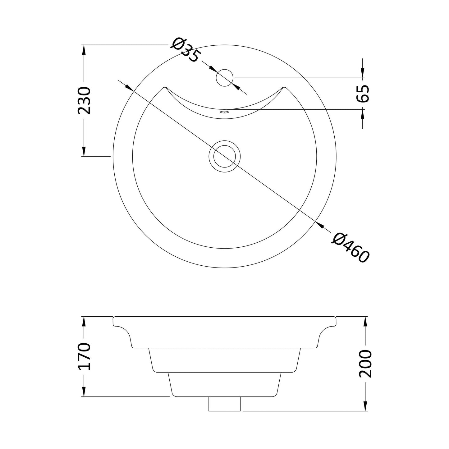 [BCCT006] Balterley Modern Bathroom Round Vessel Basin for Countertop Use, White Vitreous China, Contemporary Design, 460 mm - Technical Drawing