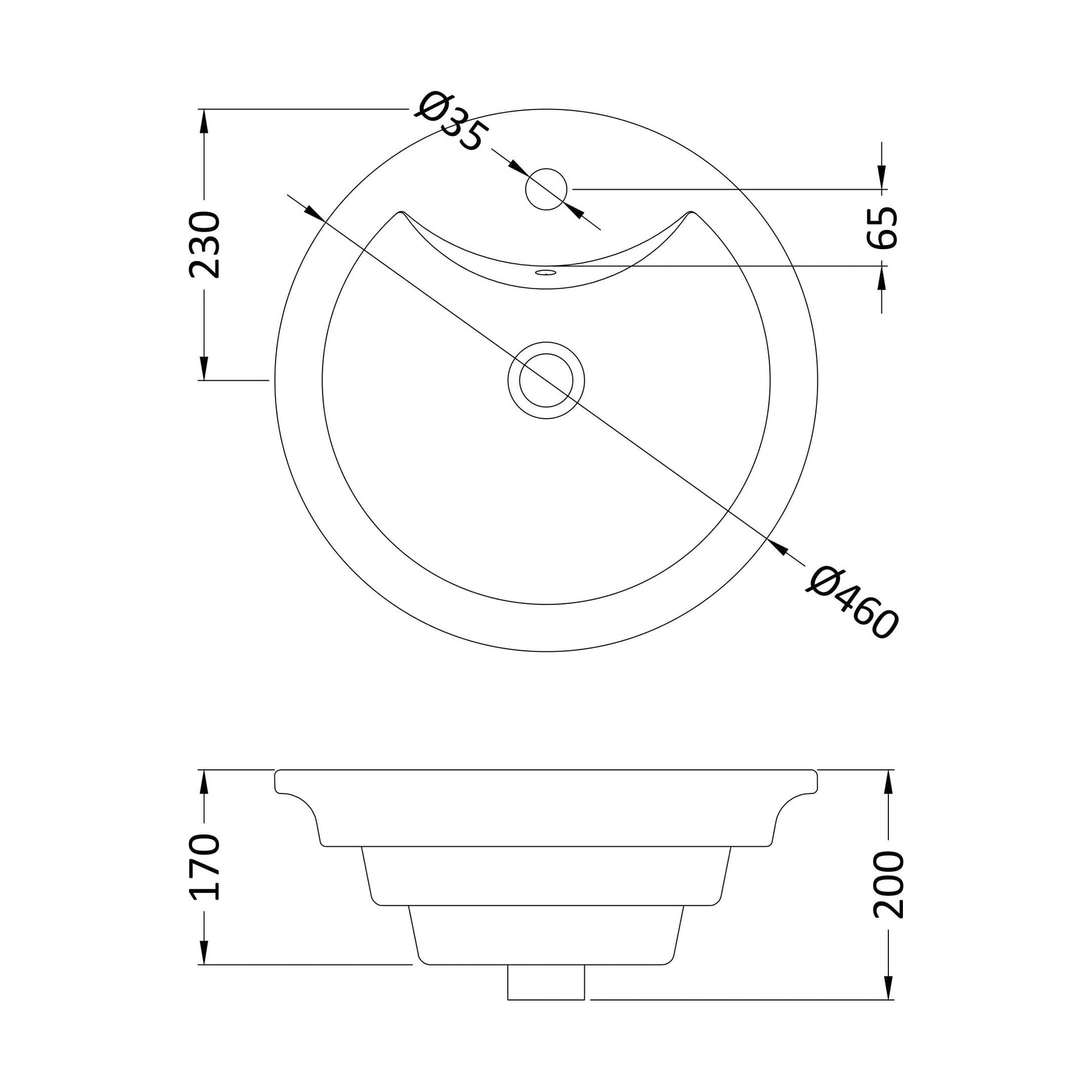 [BCCT006] Balterley Modern Bathroom Round Vessel Basin for Countertop Use, White Vitreous China, Contemporary Design, 460 mm - Technical Drawing