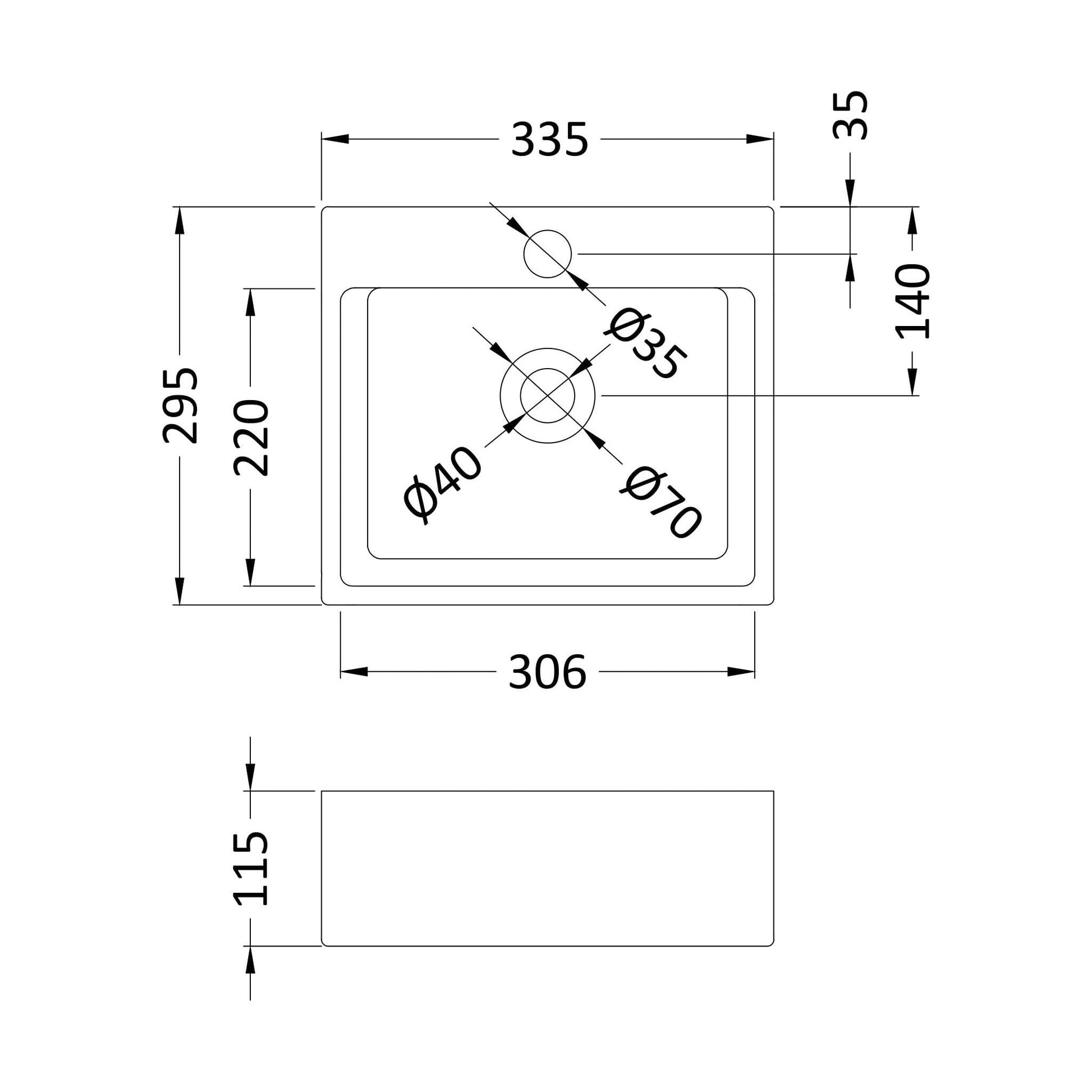 [BCCT106] Balterley Modern Bathroom Rectangular Vessel Basin for Countertop Use, White Vitreous China, Contemporary Design, 335 mm - Technical Drawing
