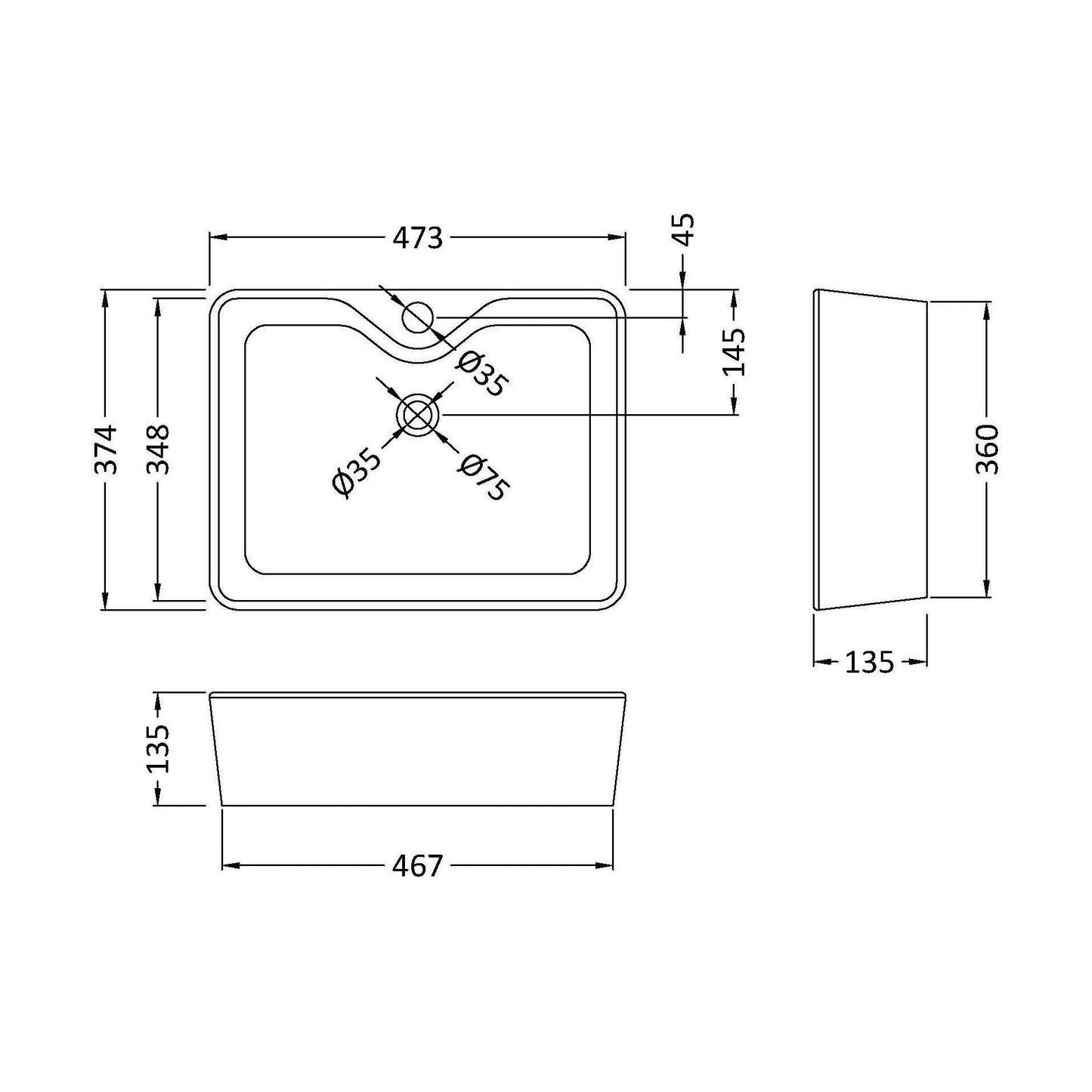 [BCCT119] Balterley Modern Bathroom Rectangular Soft Square Vessel Basin for Countertop Use, White Vitreous China, 485 mm - Technical Drawing