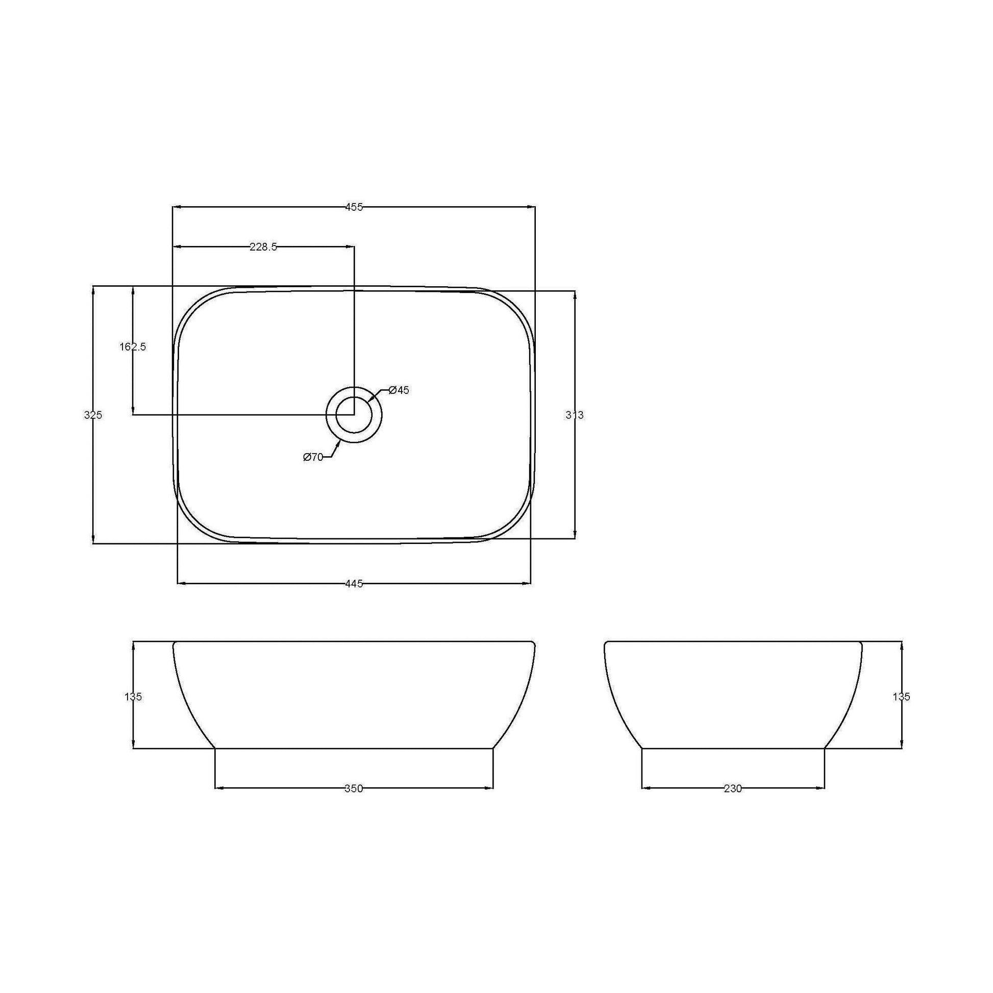 [BCCT158] Contemporary Soft Rectangular Countertop Basin - Gloss White Ceramic Vessel Without Overflow - Technical Drawing